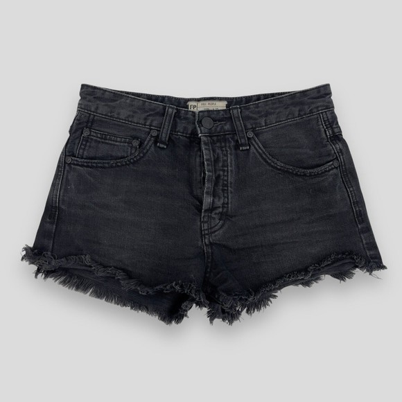Free People Womens Black Denim Jean Cutoff Shorts Distressed Size 25 Button Fly - Picture 1 of 13